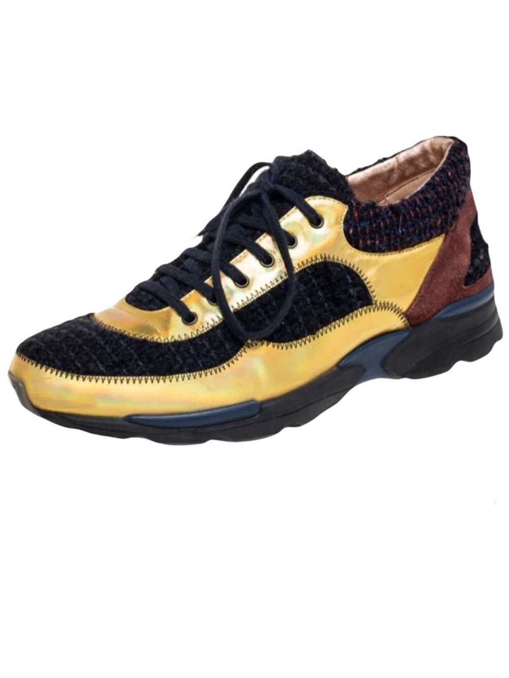 CHANEL Holographic Gold Black Tweed CC Logo Low Top Sneakers Size 38